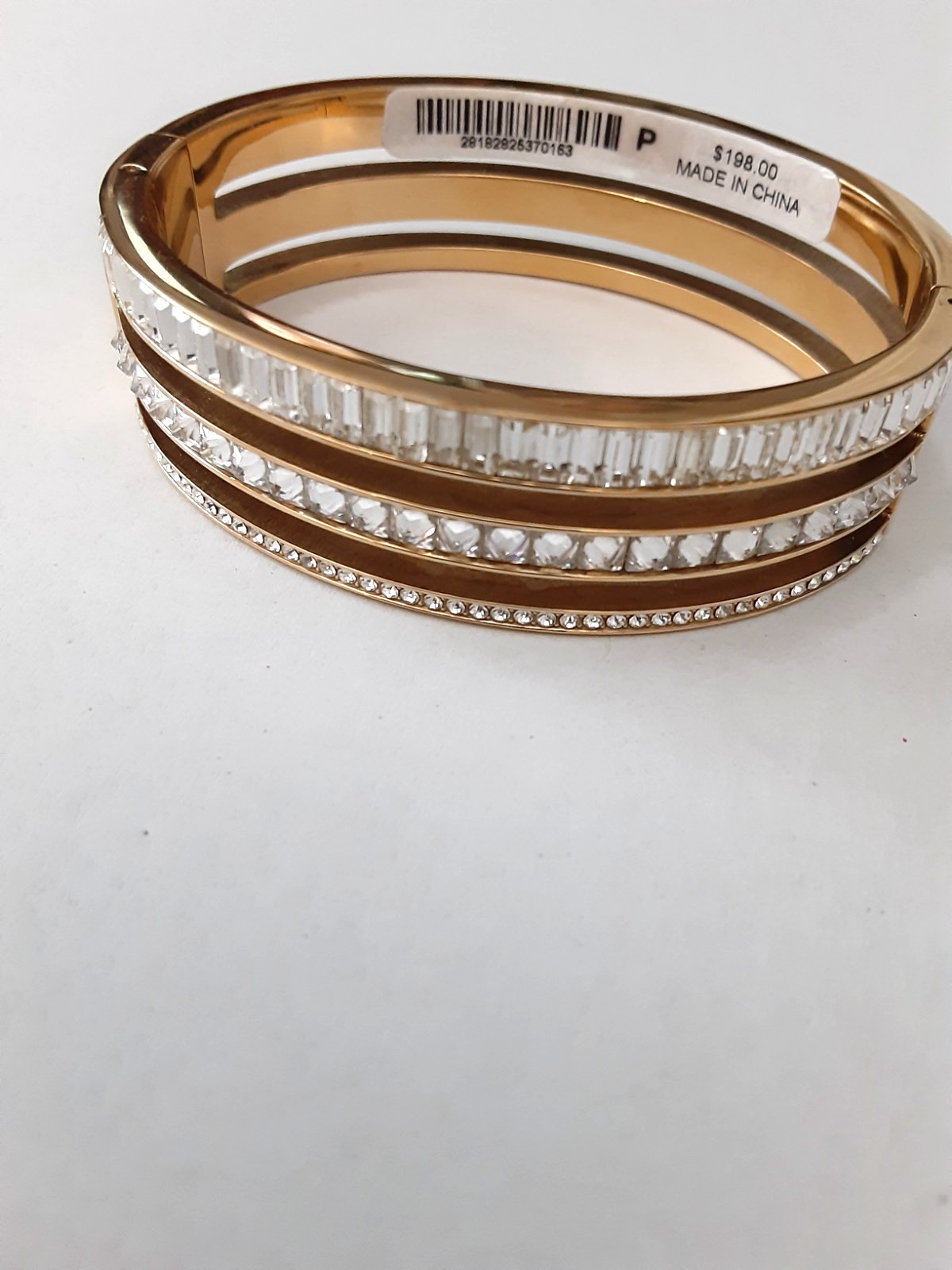 Henri Bendel New York Gold Tone Pave Crystal Hinged 3 Tier Bangle Bracelet