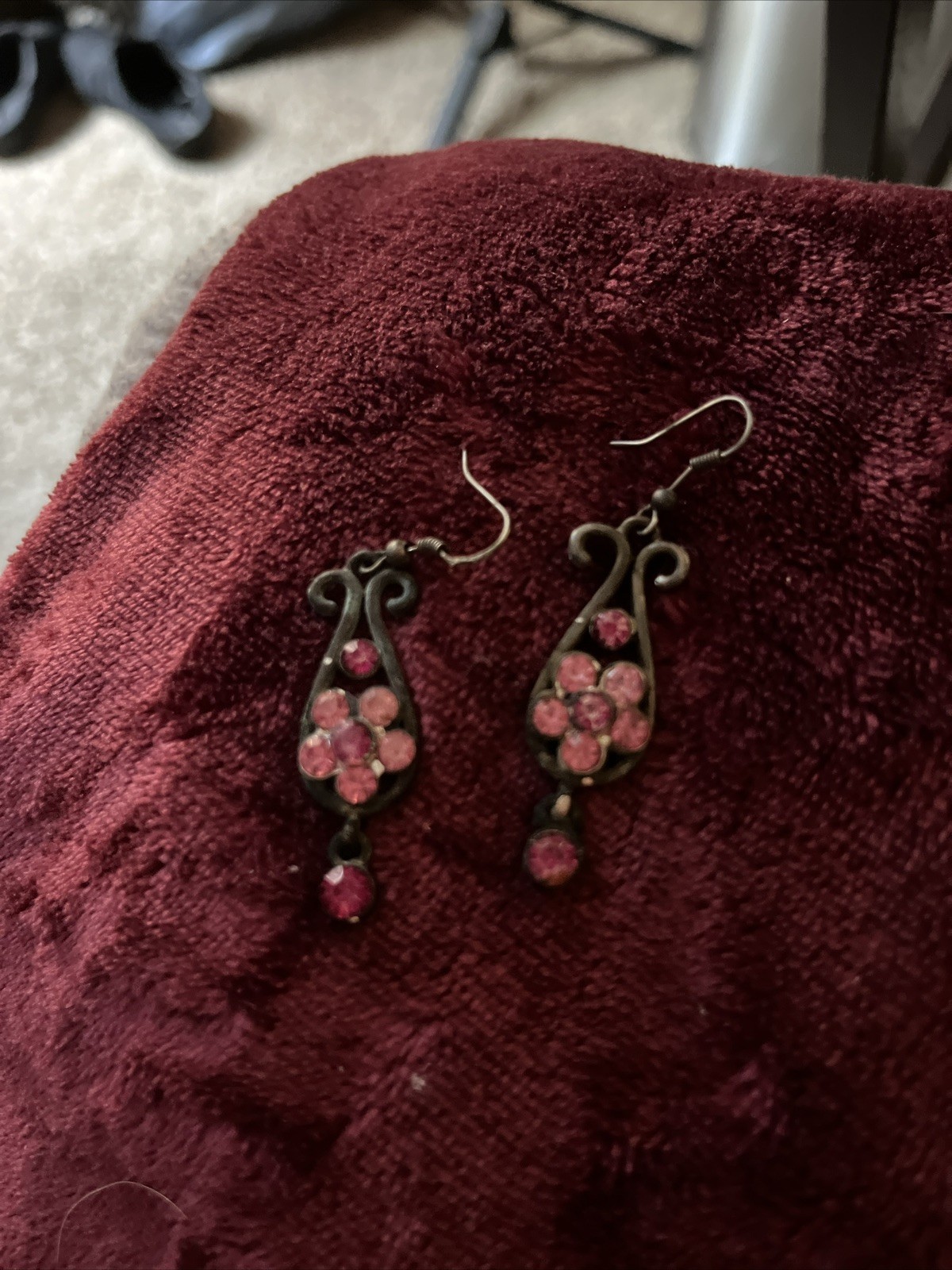 Vintage Earrings Pink Floral Chandelier Shabby Chic Crystal Retro