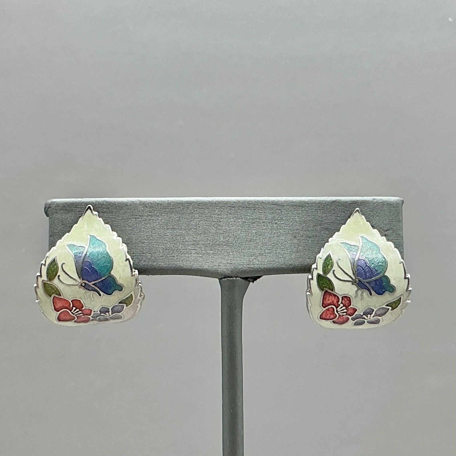 Earrings Womens Silver Tone Vintage Cloisonne Enamel Butterfly Floral 1 Inch