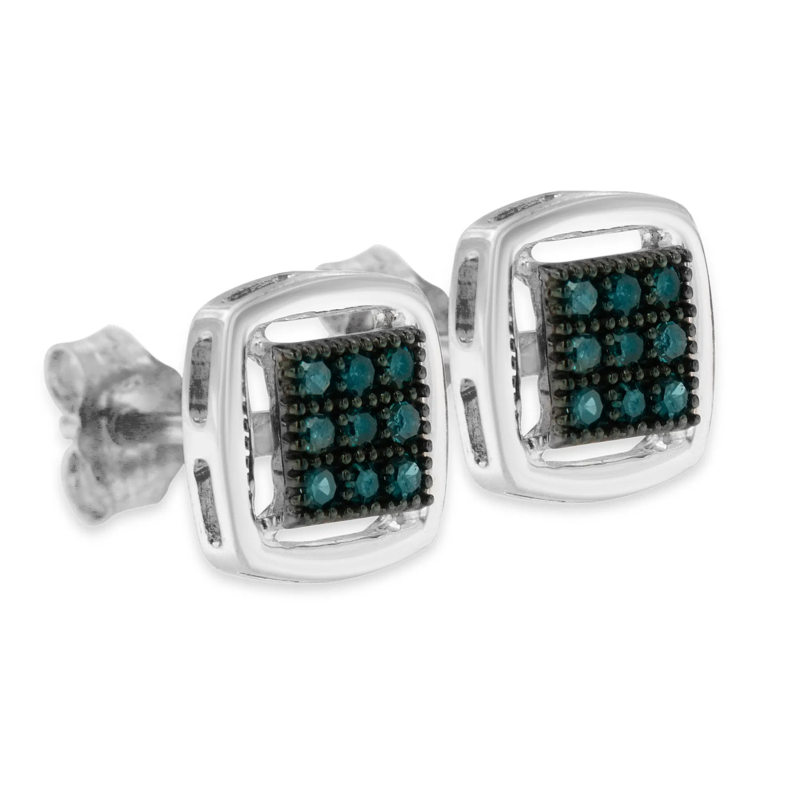 Sterling Silver Rose Cut Treated Blue Diamond Square Stud Earring (0.25 cttw, Bl