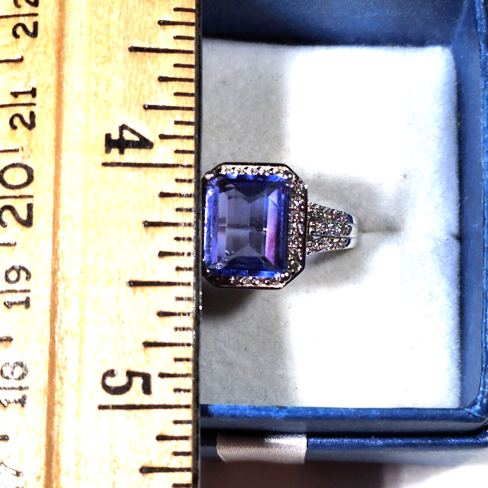 Blue Fluorite & Natural White Zircon ring in Rhodium over 925 Sterling sz 8