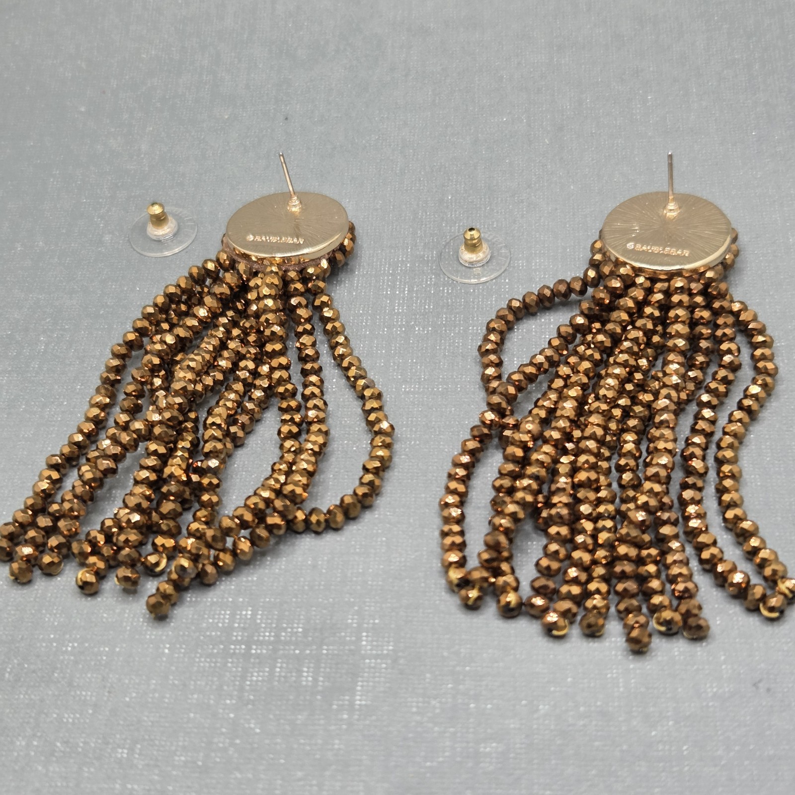 Signed BaubleBar bronz Metallic Beaded Tassel Post Earrings 3.5 Inches Long