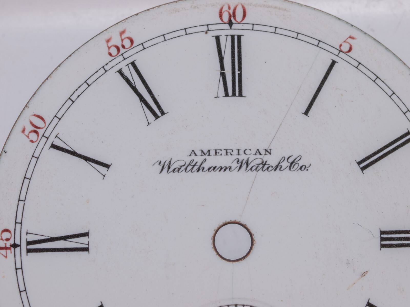 American Waltham 18s Roman Numeral Enamel Pocket Watch Dial 45.4mm – Hairline