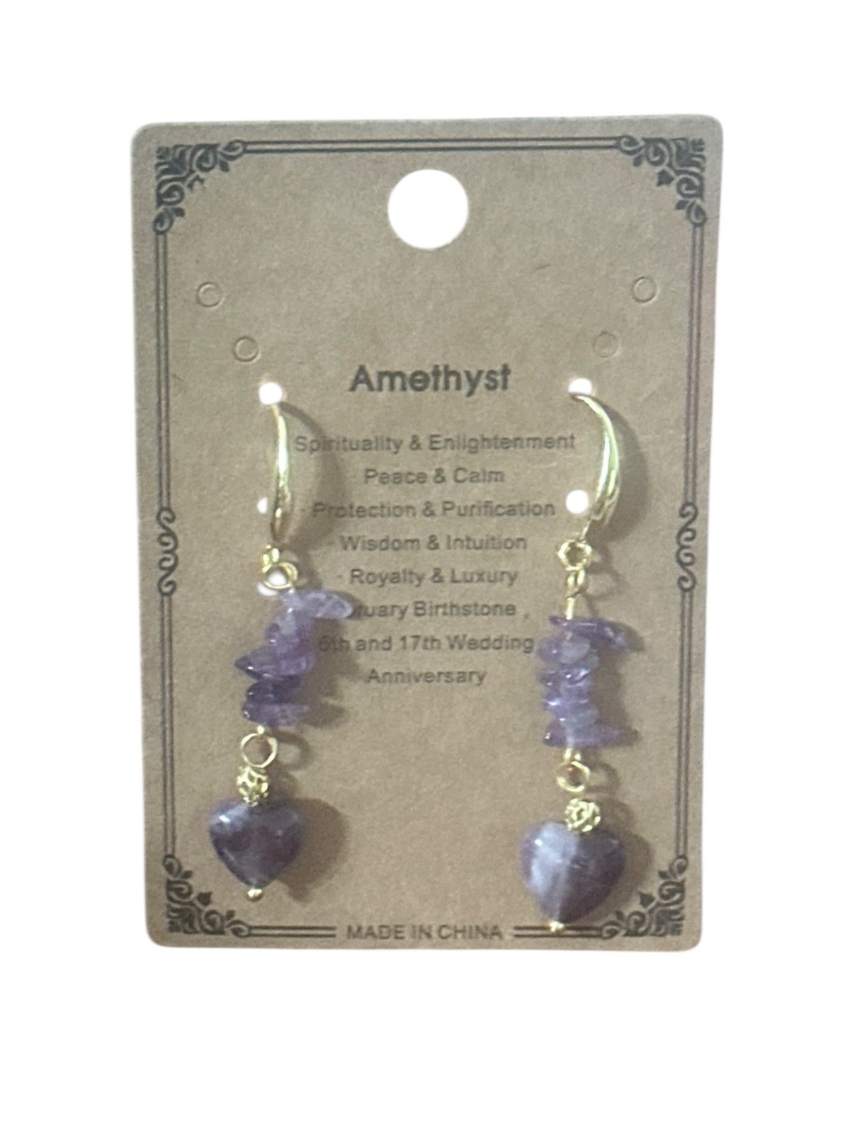 18K gold plated Earrings- amethyst- hearts- chip beads- purple-french wire