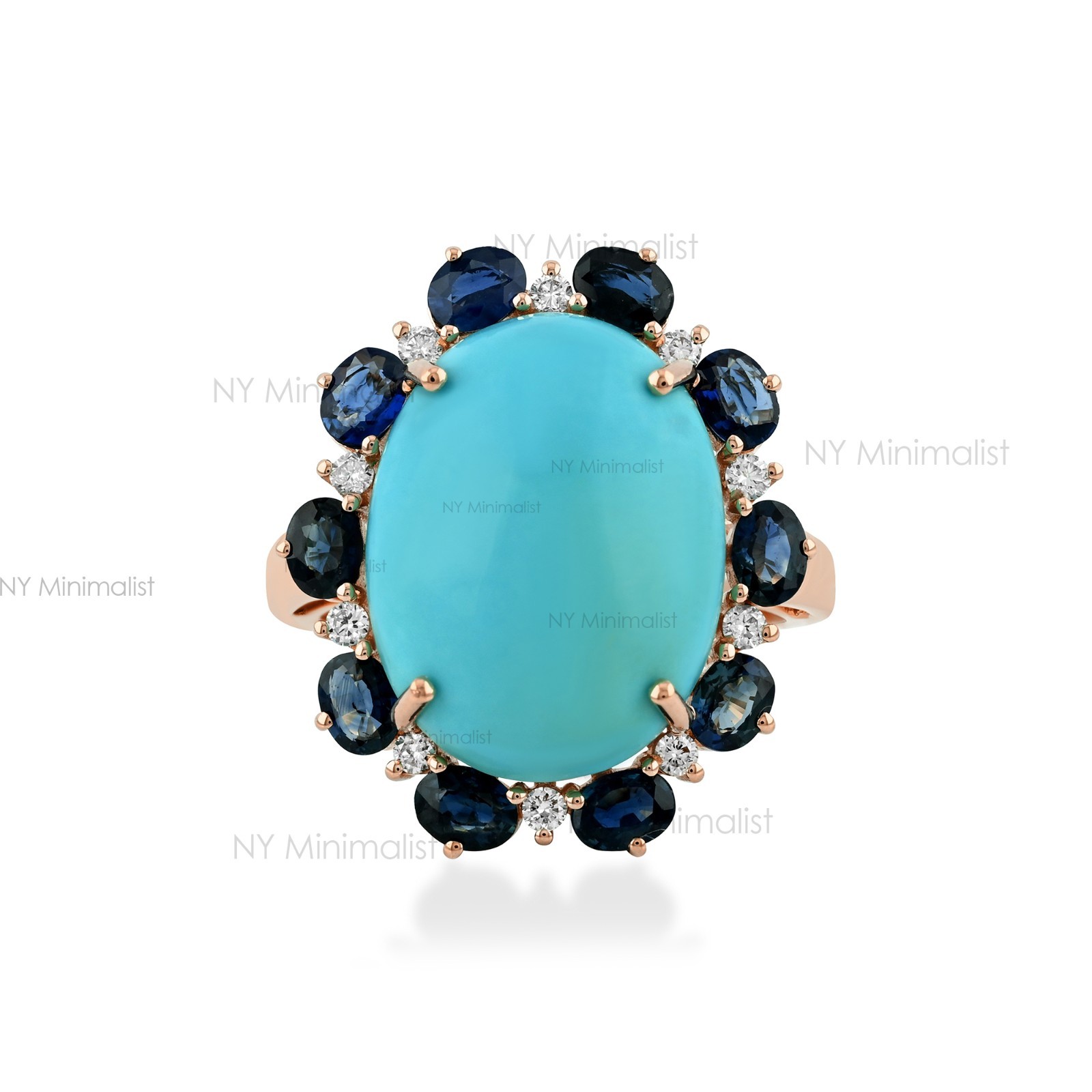 14K Solid Gold Genuine Oval Turquoise Blue Sapphire and Diamond Engagement Ring