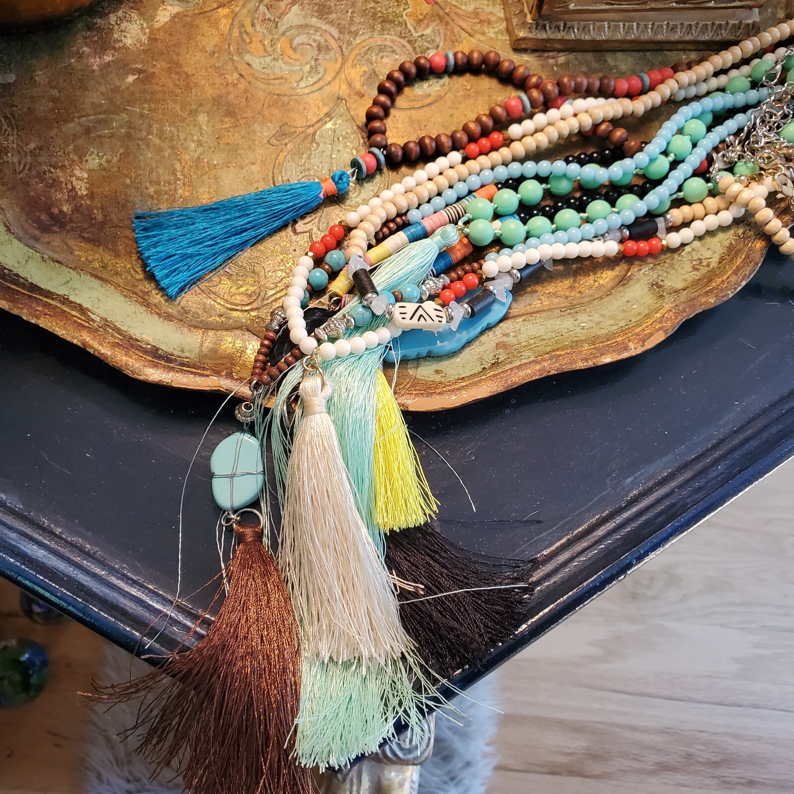 6 Beaded Tassel Necklaces – Wood & Faux Turquoise & Bone & Shell Multicolor Long