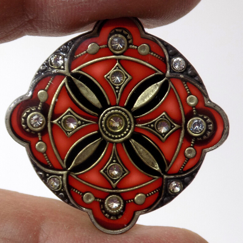Semi Transparent Garnet Celluloid Pin w’ Open Metal Design Rhinestones 1920’s