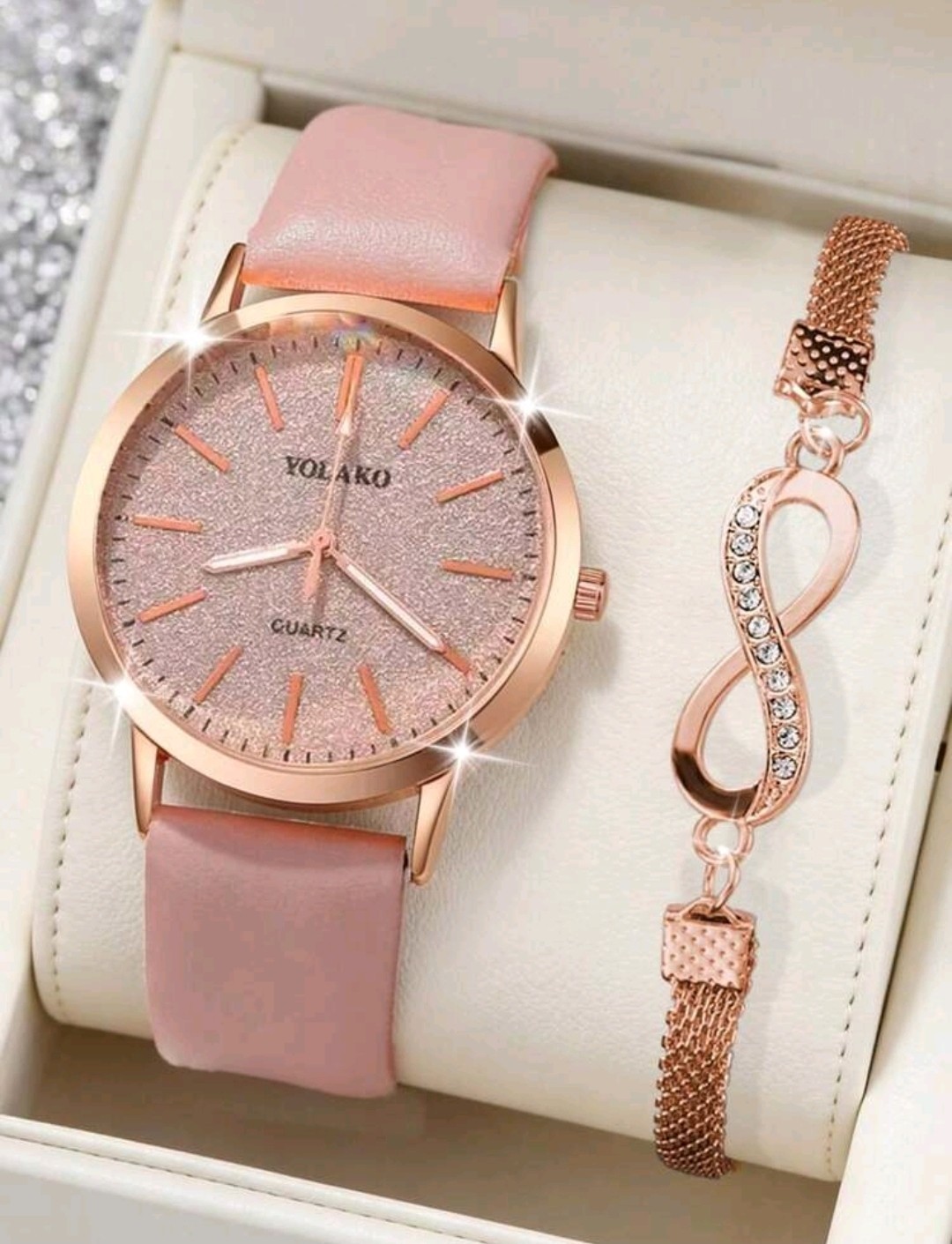 Women’s Rose Gold Glitter Dial Quartz Watch Pink PU Leather Strap Casual…