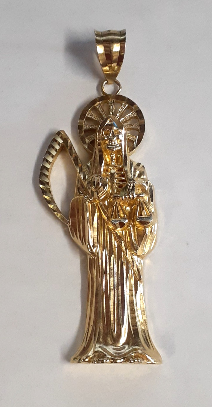 (RI4) 14k Yellow Gold Santa Muerte Pendant / Charm (12.6 Grams) Size 2-3/4″