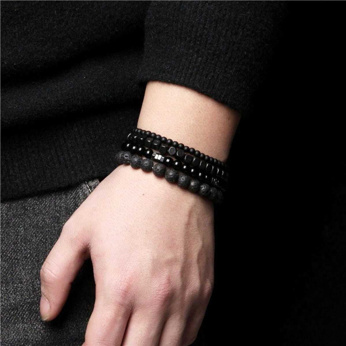 4pcs/Set Casual Style Black Lava Bead Bracelets For Daily Wear Women Men Gift US