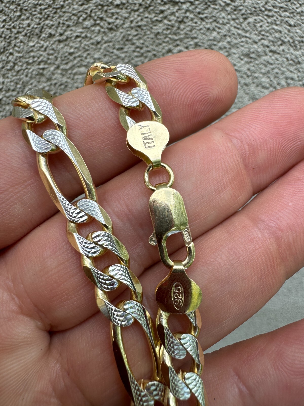 14k Gold Plated Solid 925 Sterling Silver Figaro Link Chain Two Tone Diamond Cut