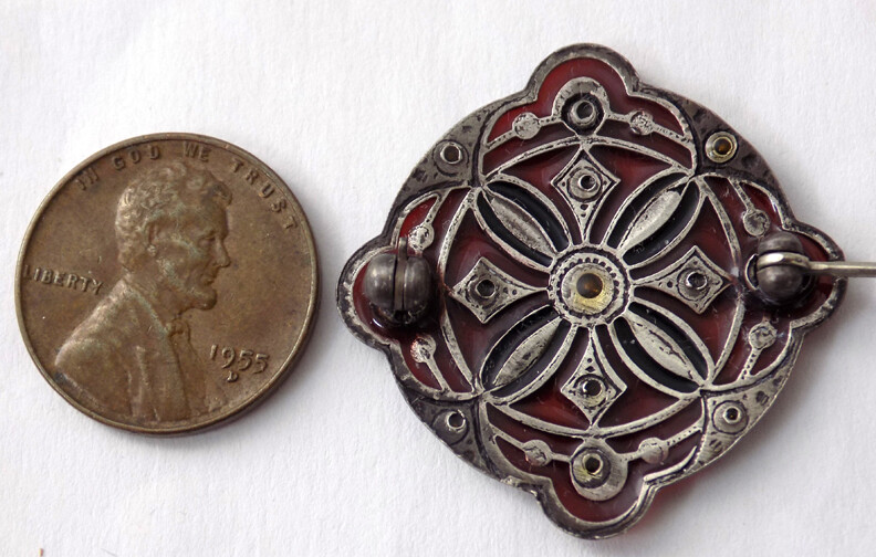 Semi Transparent Garnet Celluloid Pin w’ Open Metal Design Rhinestones 1920’s