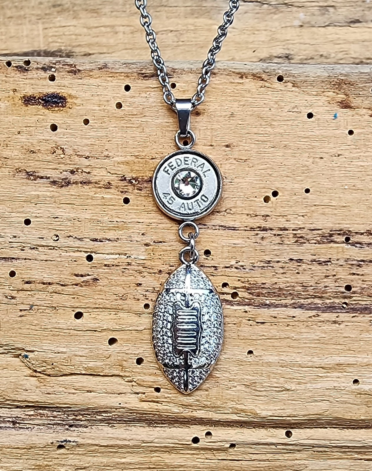 Stainless Steel Bullet Necklace with Football Charms. Optional Crystal.