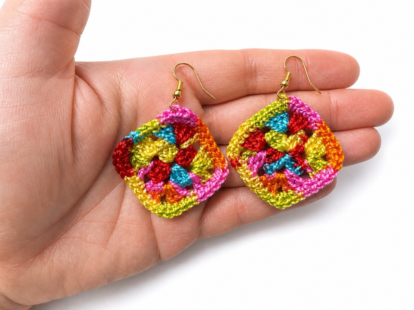 Handmade Crochet Granny Square Earrings Colorful Boho Lightweight Dangle Gift