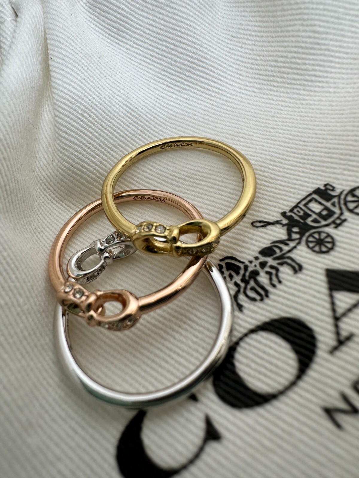 Coach Interlocking C Pavé Ring Set Size 7 Tri Tone Gold Silver Rose Gold
