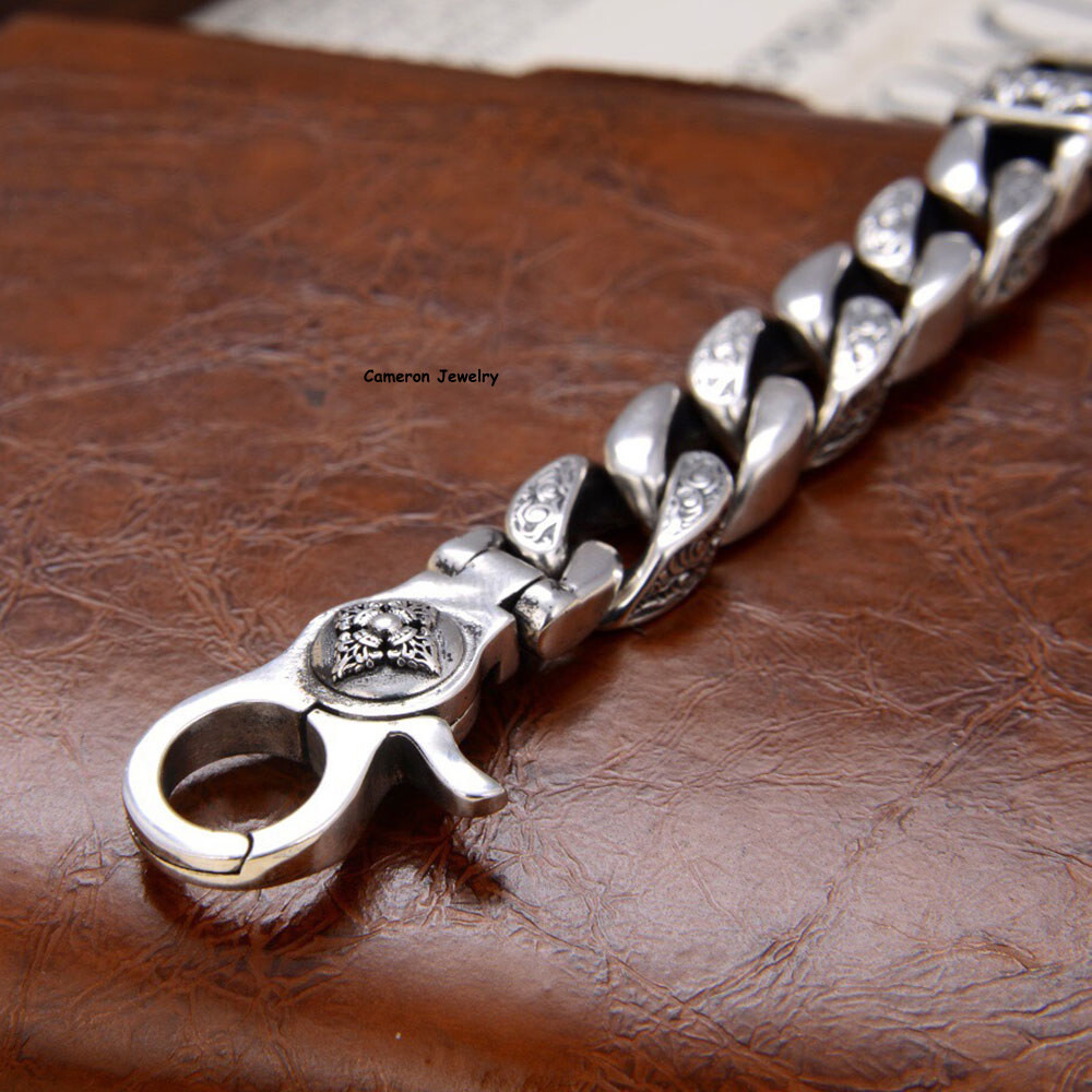 Pure S925 Sterling Silver Bracelet 11mm Vajra Six Words Curb Link Chain 7-8.7in