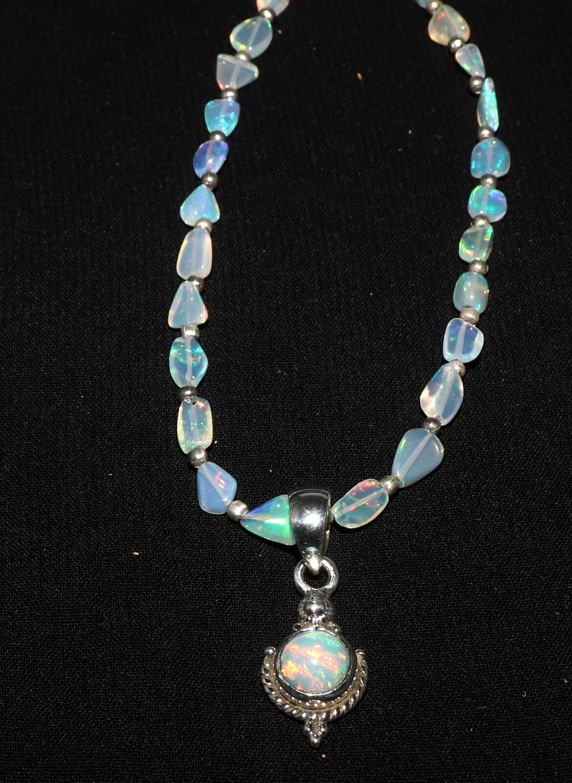 Ethiopian opal beaded necklace with sterling silver opal pendant opal tumble