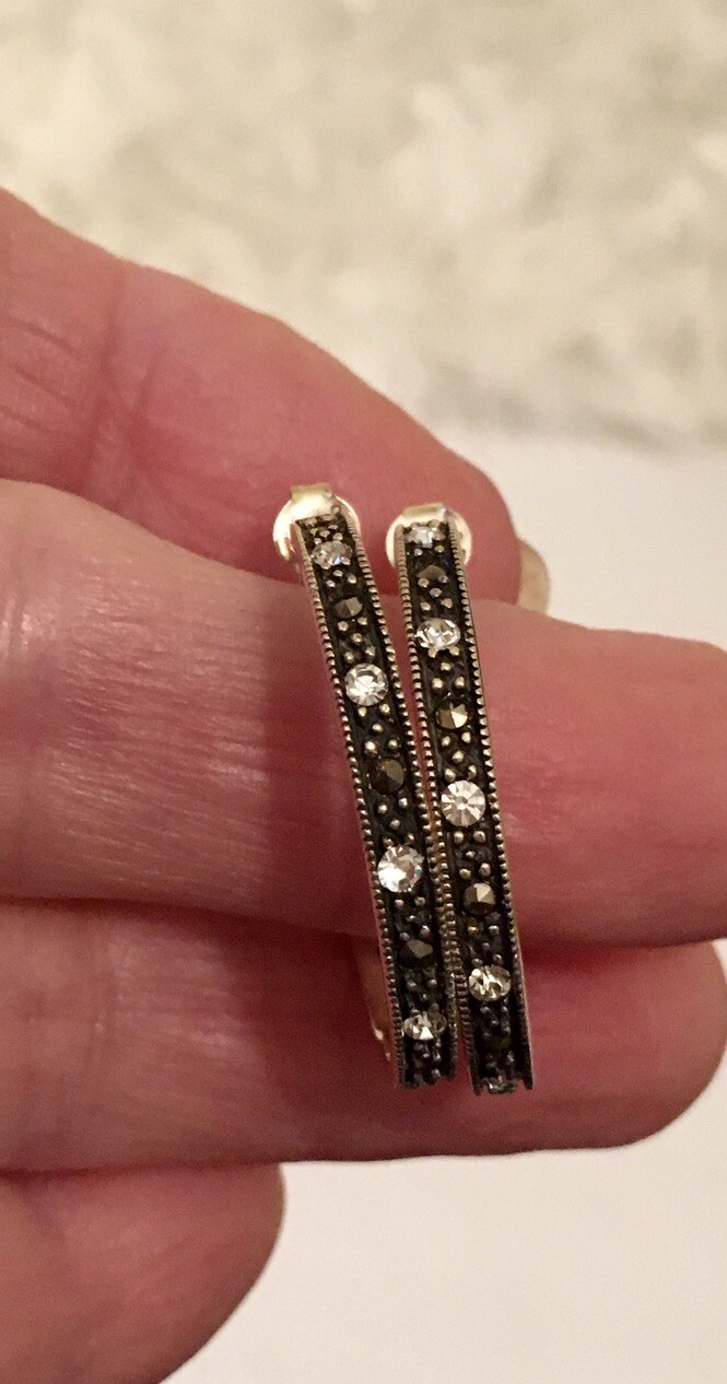 Vintage Sterling Silver Marcasite & Clear Stones Hoop Earrings 5.4 Gram Wt