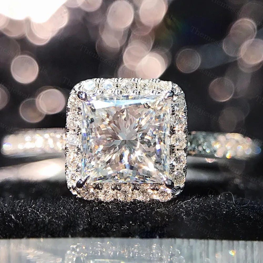 2.76 TCW Princess Cut Moissanite Halo Engagement Ring In 14k White Gold Plated