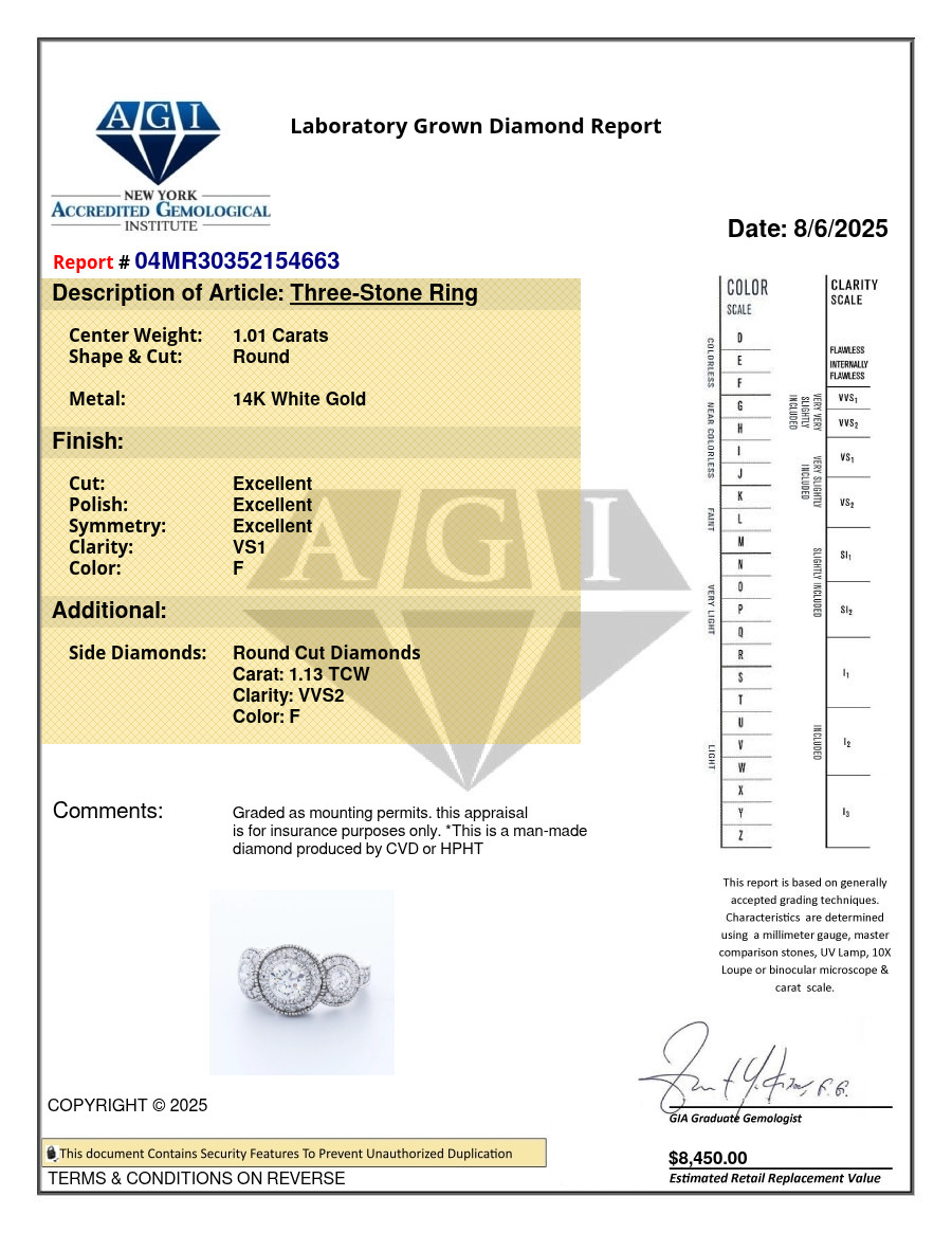 3-Stone Engagement Ring 14K Gold Vintage 2.14 CT Round Lab-Grown Diamond F VS1