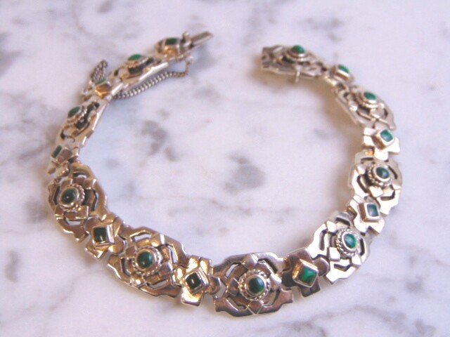 Womens Vintage Estate Sterling Silver Malachite Bracelet 36.3g E1318