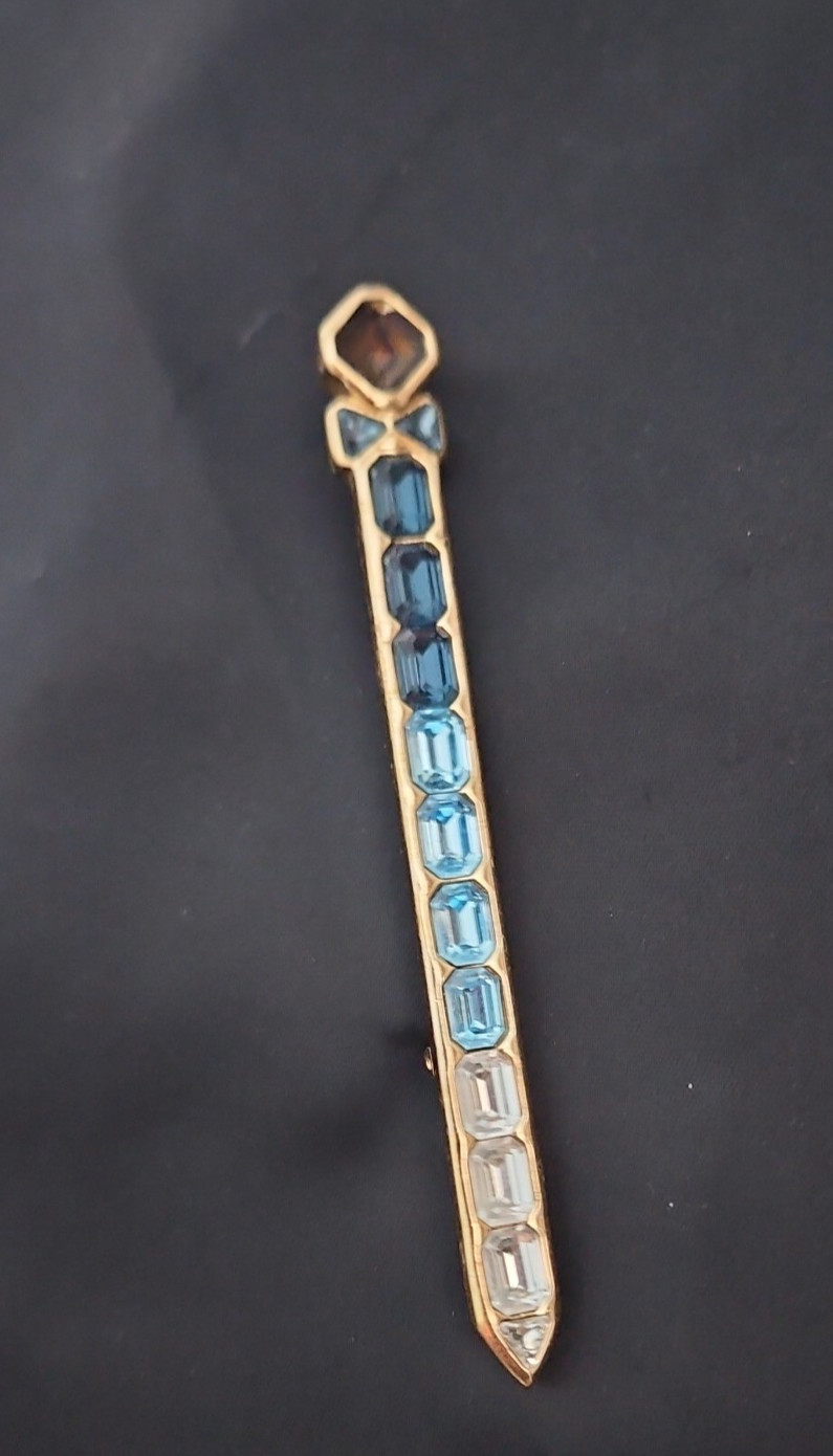 Rare Authentic Vintage Christian Dior Gradient Blue Ombre Rhinestone Bar Brooch