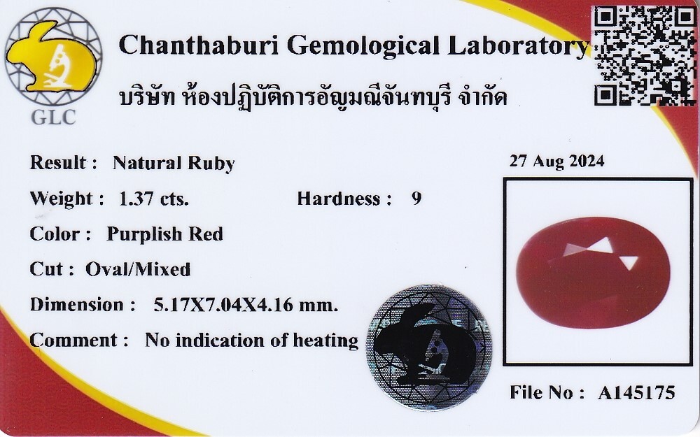 CERTIFICATE Incl.* 1.37ct Oval Natural Unheated Purplish Red Ruby, Gemstone