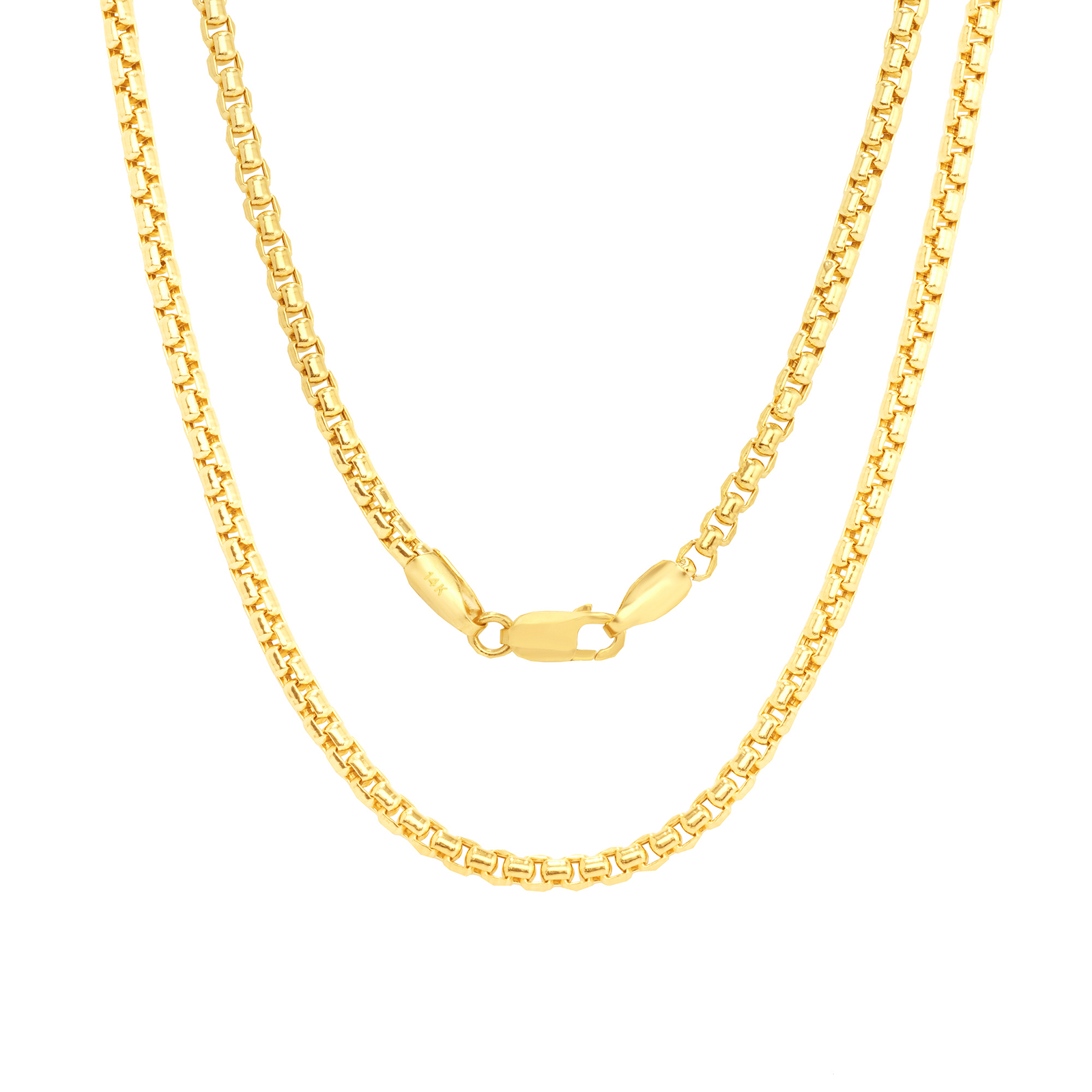 14K Yellow Gold 2mm Venetian Rounded Box Chain Link Mens Womens Necklace 16″-30″