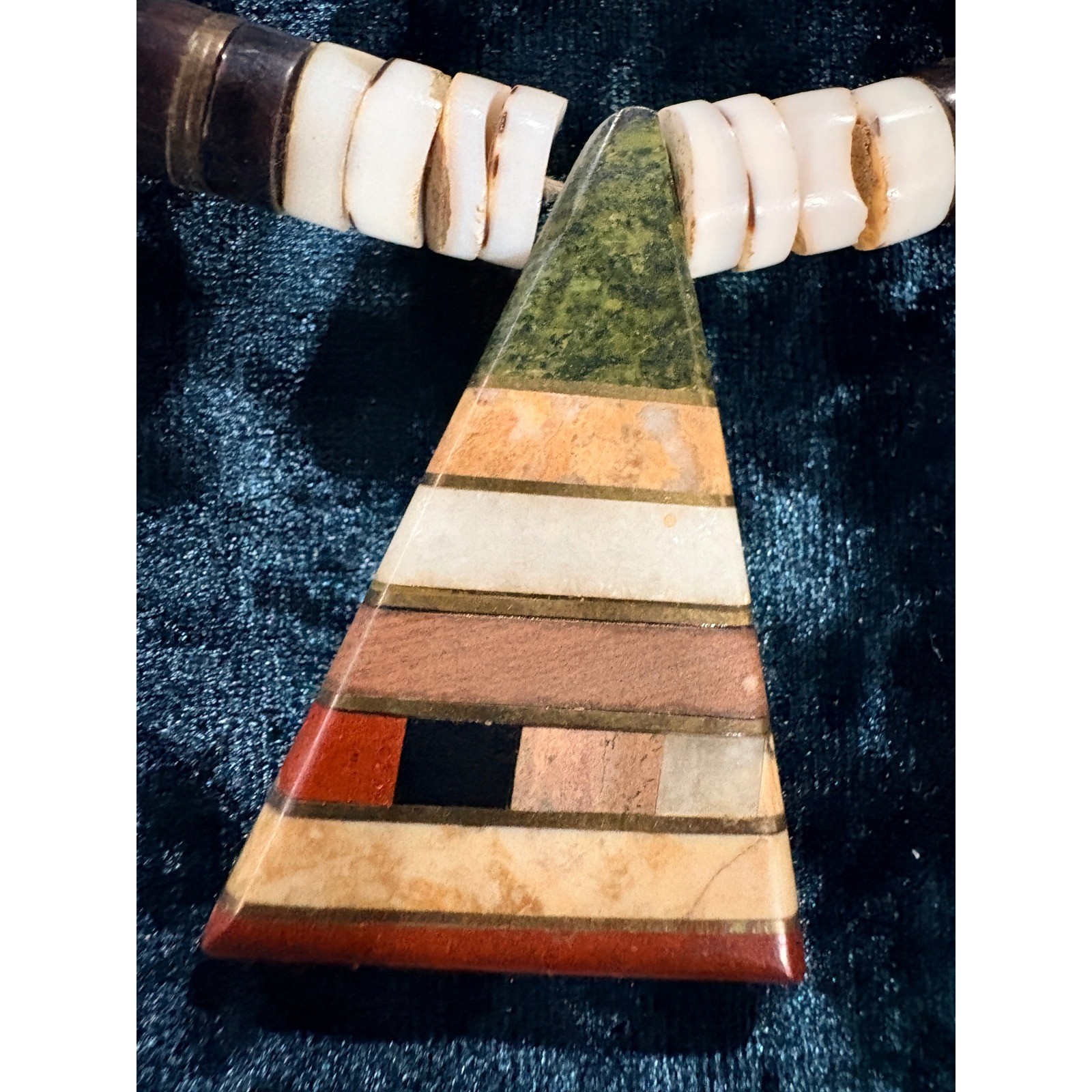Boho Inlaid Stone Triangle Pendant Necklace Natural Wood Bone Beads