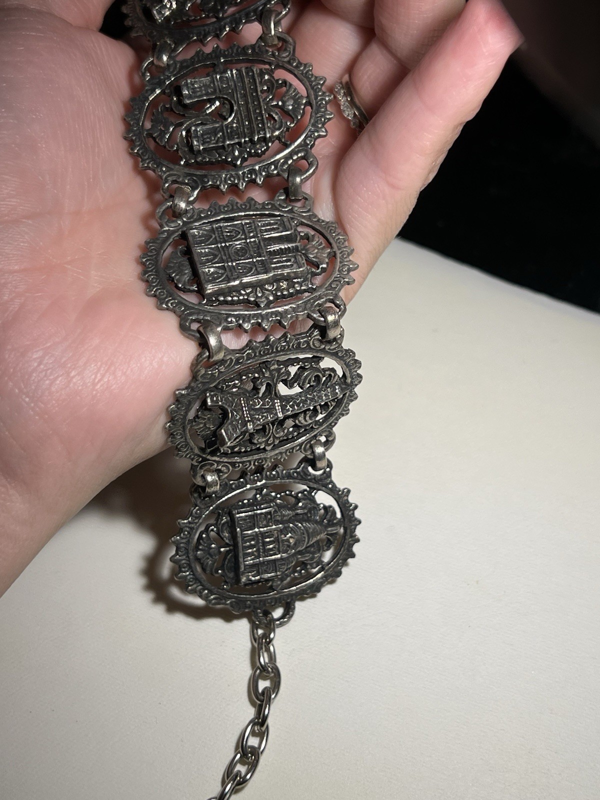 Vintage Paris Eiffel Tower Black Gray Metal Panel Bracelet