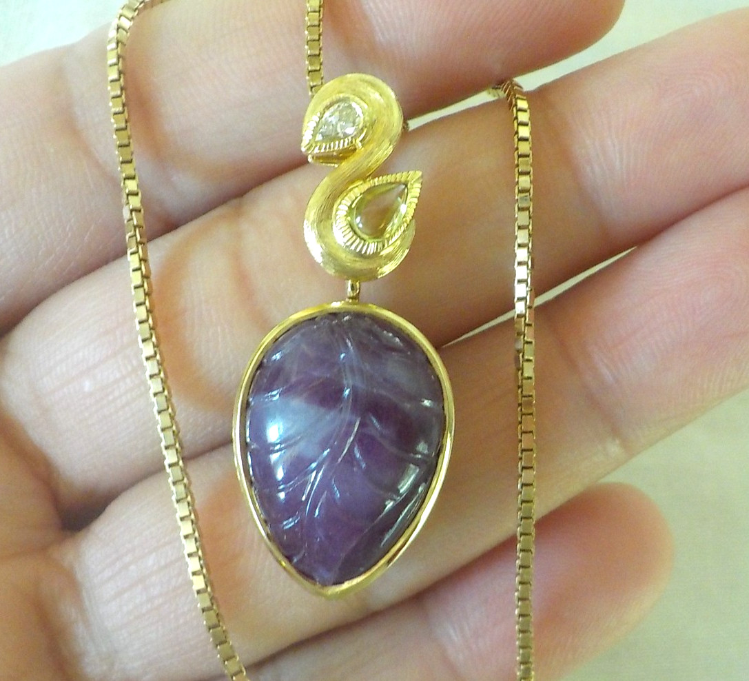 Heavy 18K Yellow Gold Carved Ruby Peridot Diamond Necklace – 16.2 gms, 18.5 in