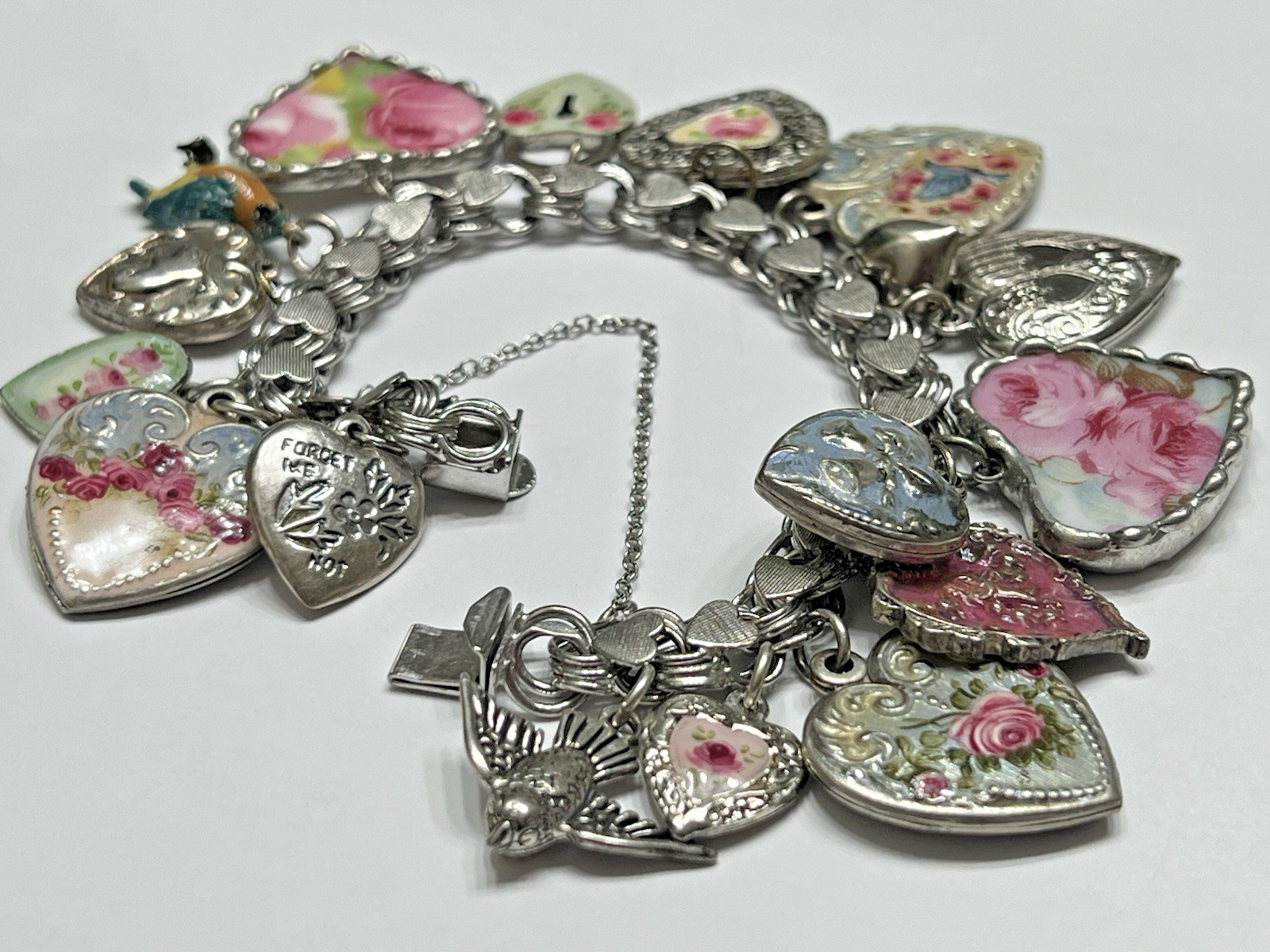 Vintage Puffy Hearts Charm Bracelet Sterling Silver Estate Pink Heart Charms US