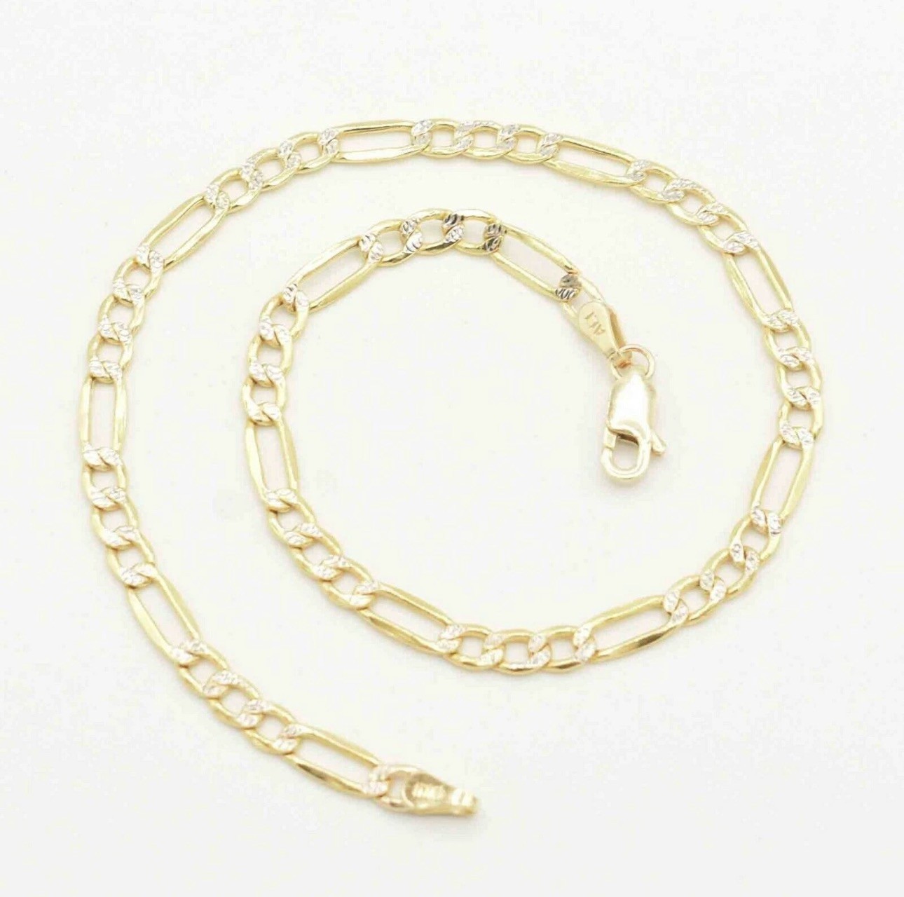 3.7mm Pave Figaro Chain Anklet with Lobster Lock Real 10K Yellow White Gold 10″