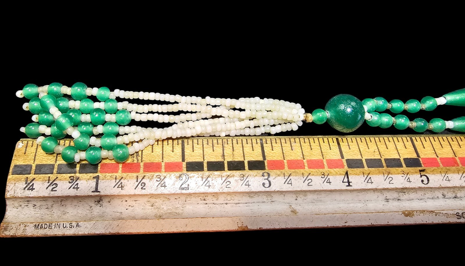 Antique 1920-30s Art Deco Sautoir Green White Uranium Glass Bead Tassel Necklace