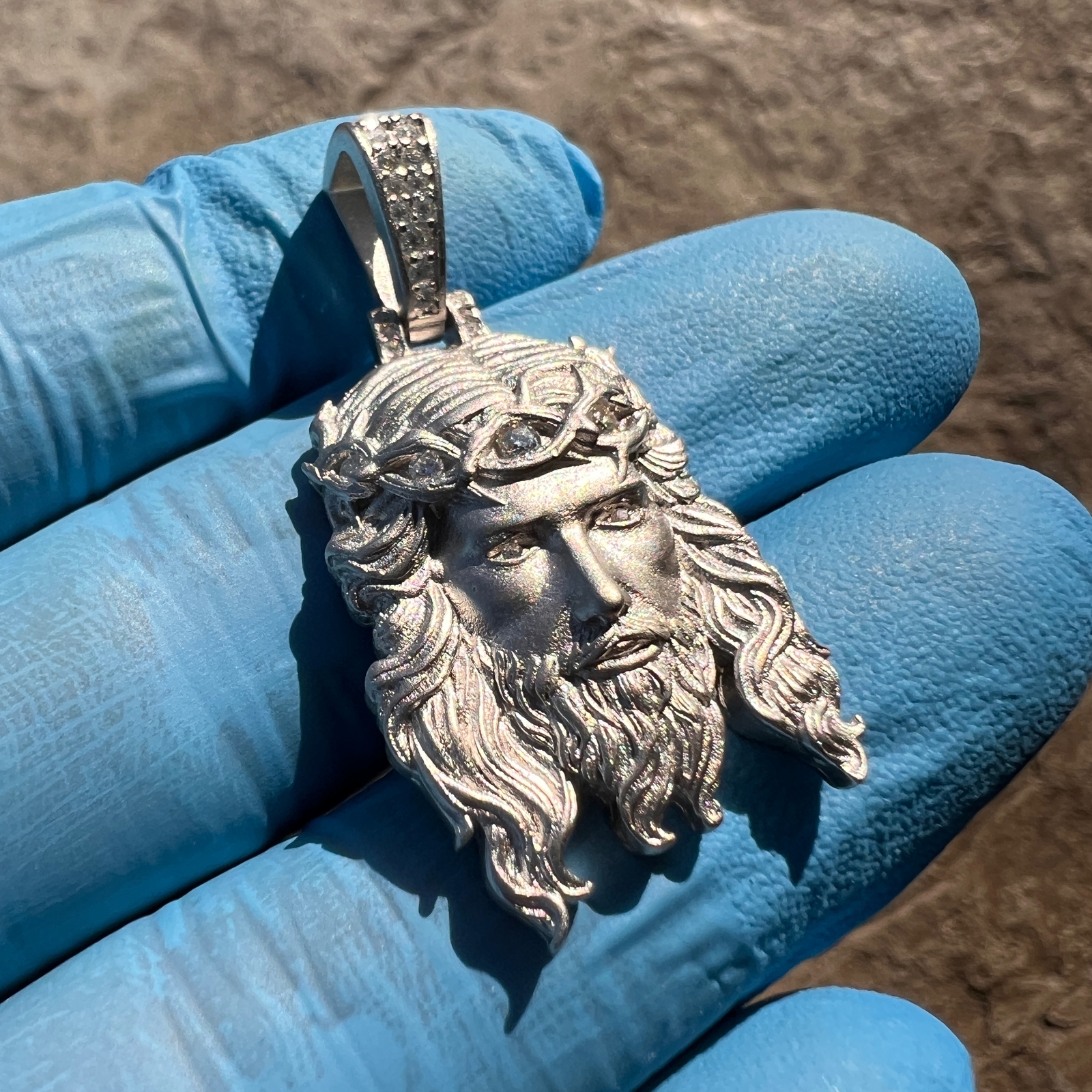 925 Sterling Silver Matte Sandblast Jesus Head Moissanite VVS D Pendant Small 1″