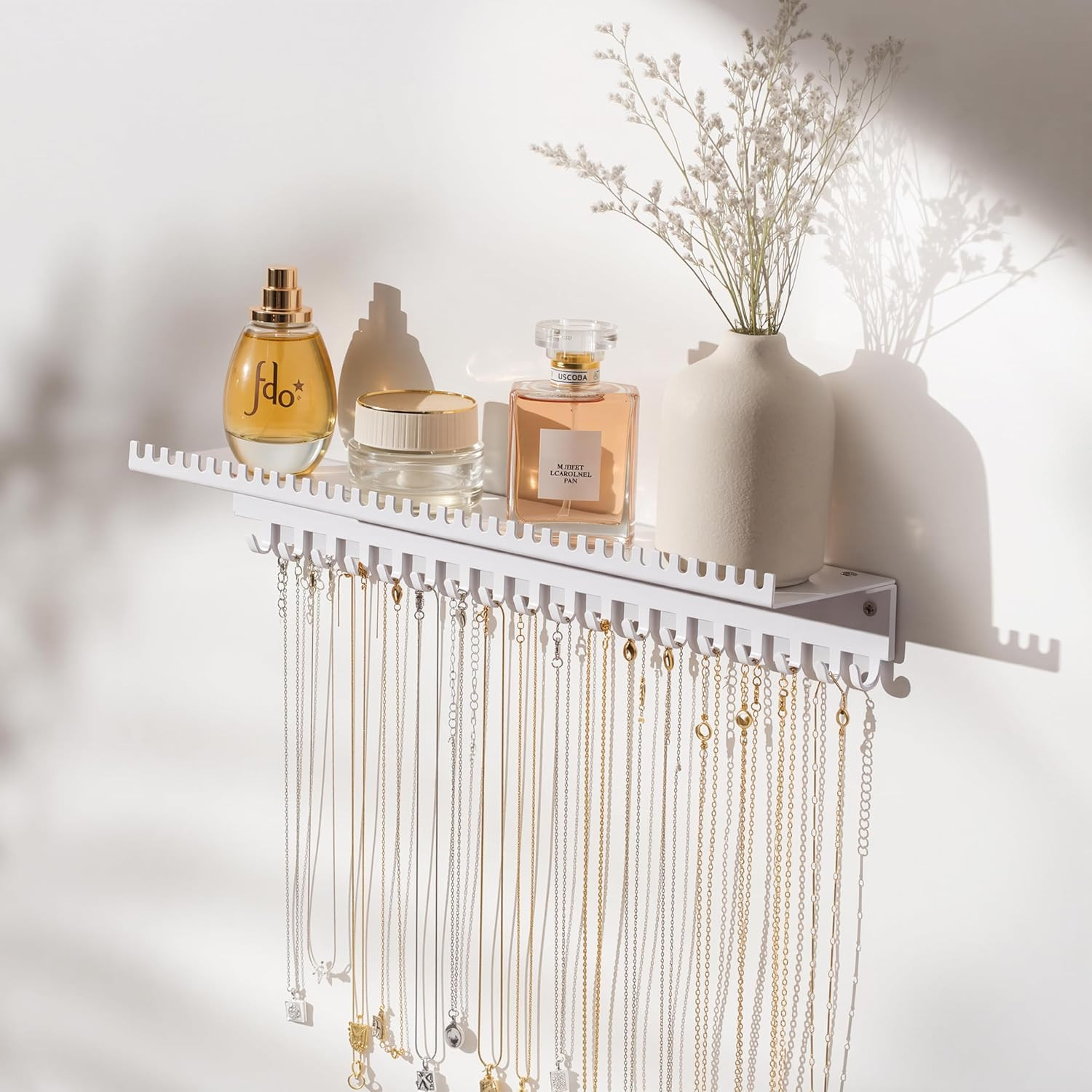Necklace Holder Wall Hanging Organizer: Wall Mounted Jewelry Shelf with 56 Hooks
