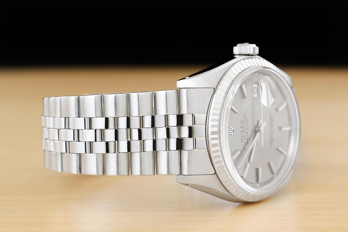 ROLEX DATEJUST 1601 GRAY DIAL 18K WHITE GOLD STEEL FOLDED BRACELET WATCH