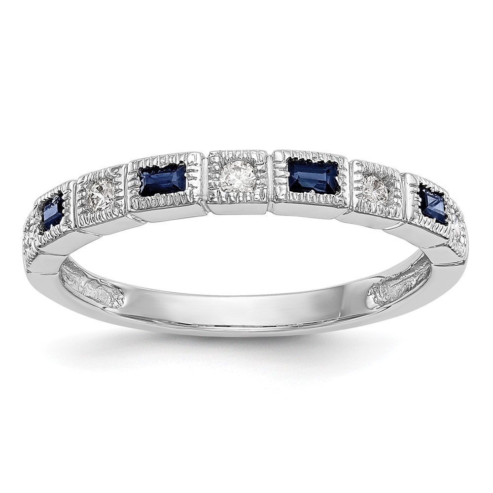 14k White Gold 1/10 Ct Diamond and Blue Sapphire Baguette Band Ring Size 7