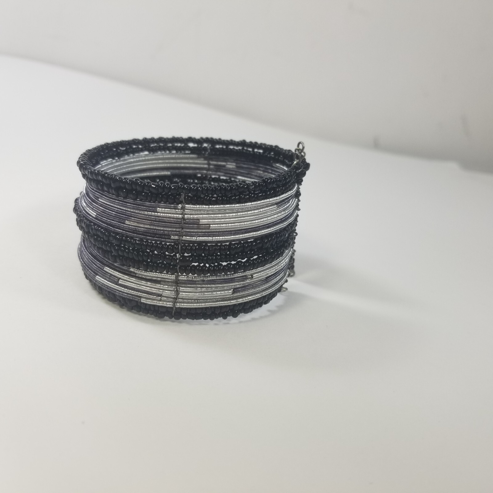 Beaded Wrap Cuff Bracelet Silver Tone Black Seed Beads, Flexible Fit, 1.5″ wide