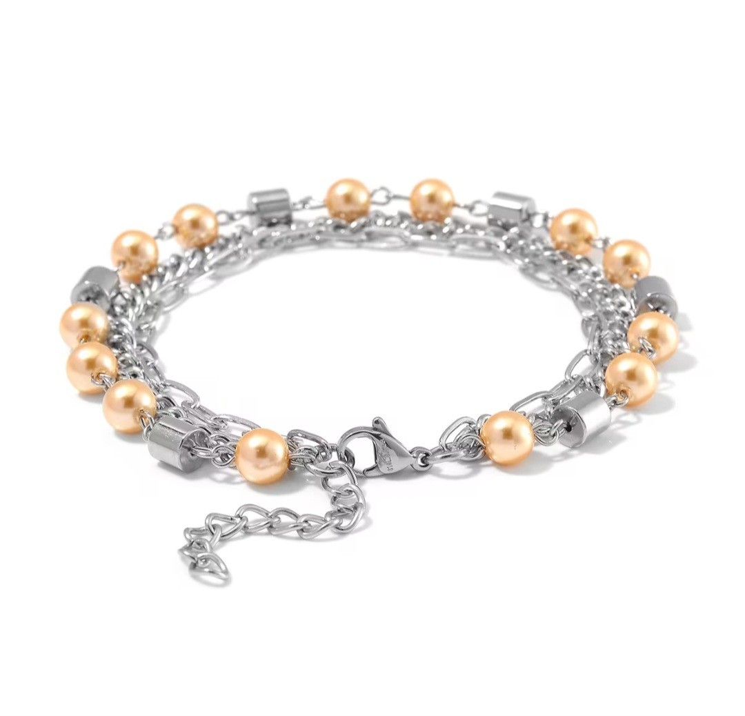 Golden Color Shell Pearl 3 Row Bracelet in Stainless Steel (7.5-9.0In)