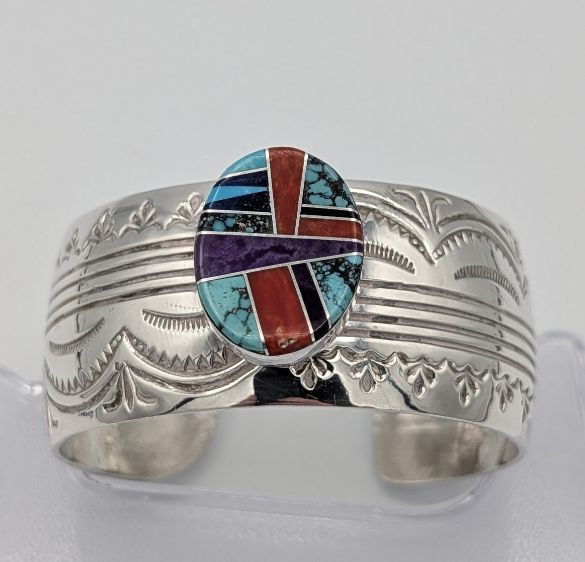 Vintage Navajo Sterling Silver Cuff Bracelet Turquoise Coral Sugilite Blackgoat