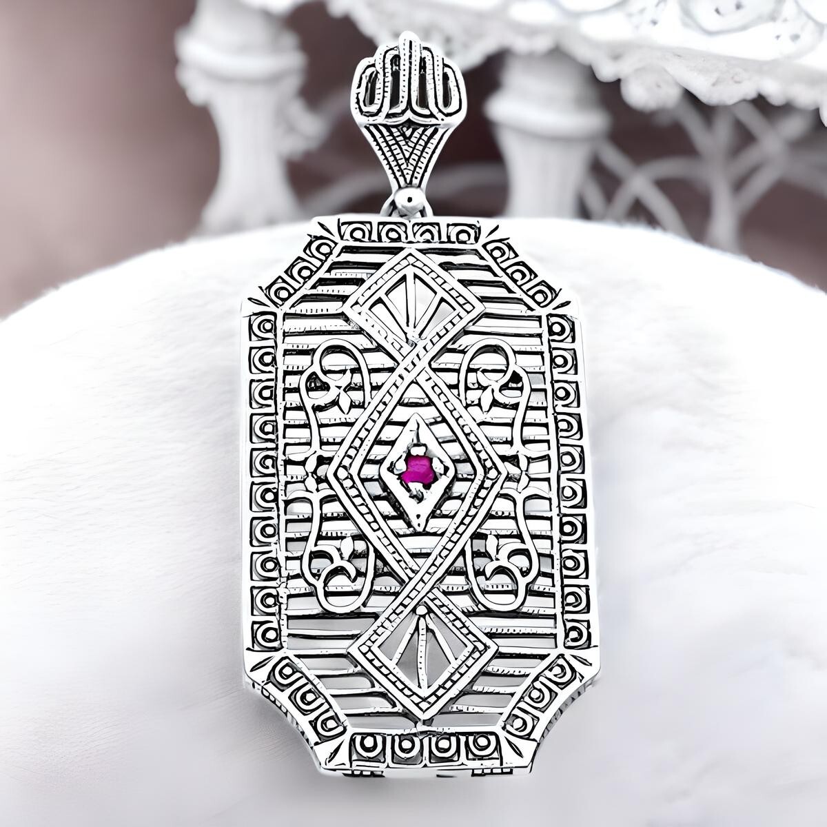 GENUINE RUBY 925 STERLING SILVER VINTAGE STYLE PENDANT, OPTIONAL CHAIN #137
