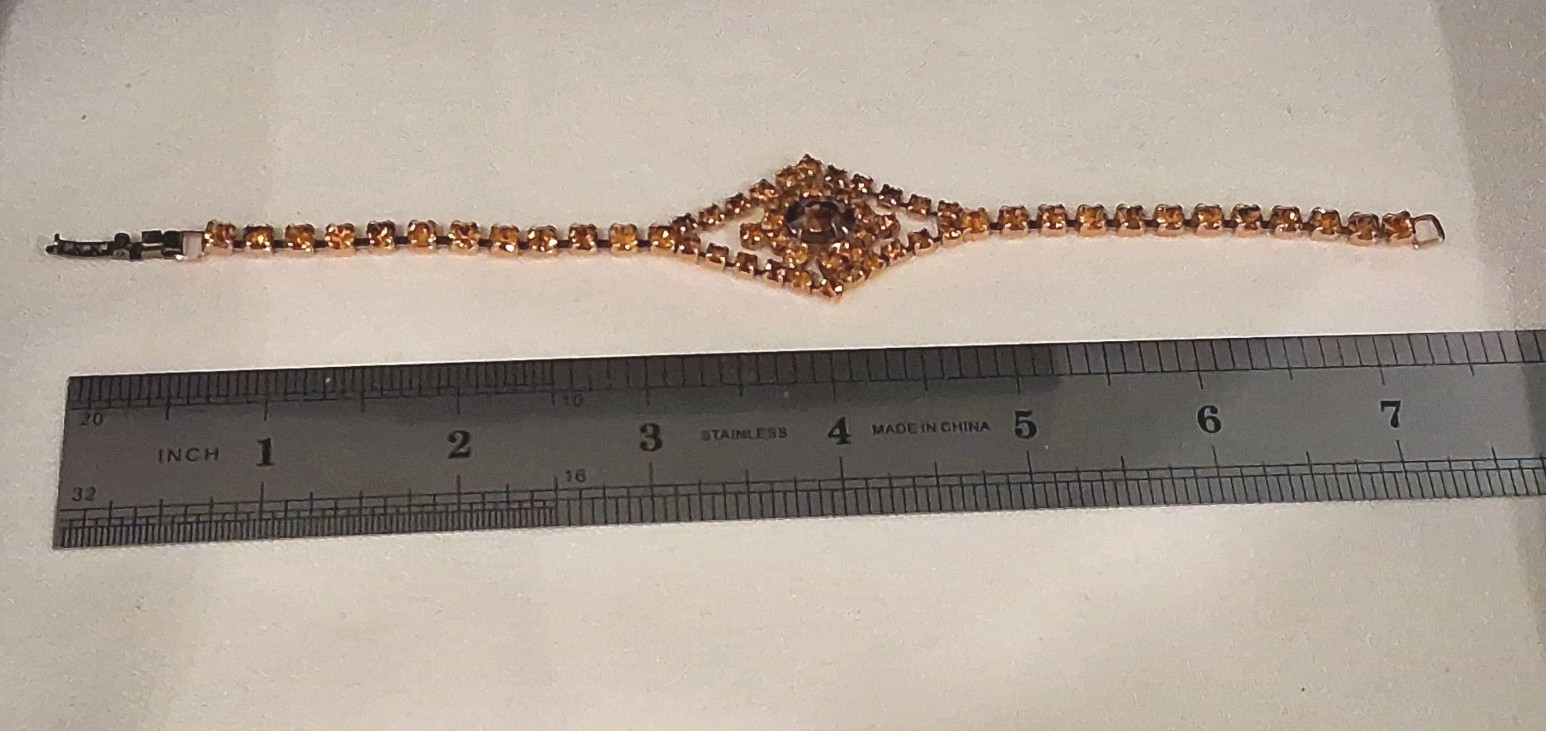 Vintage ArtDeco Style Topaz Amber Color Rhinestone Cocktail Tennis Bracelet
