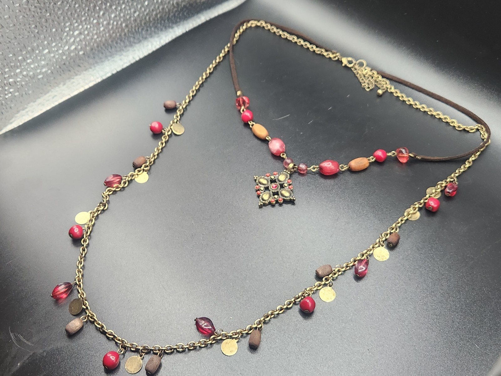 #0405 – Boho Layered Necklace Red Beads Antique Gold Tone Coin Dangles 19″ +…