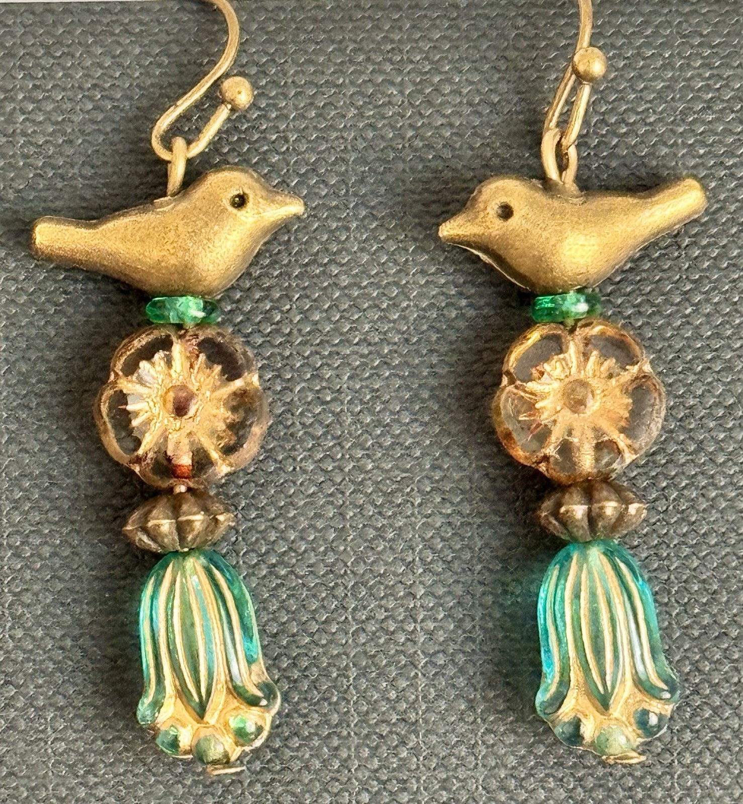 Sweet Bronze Bird with Golden Flower and Aqua Leaf Bead Earrings. Fall