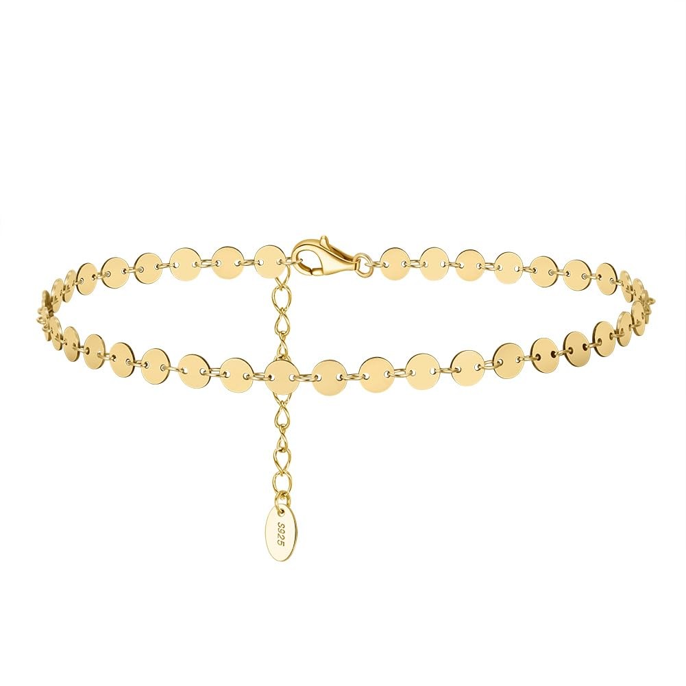 Women 14K Yellow Gold Round Chain Disc Anklet 925 Silver Adjustable Bracelet