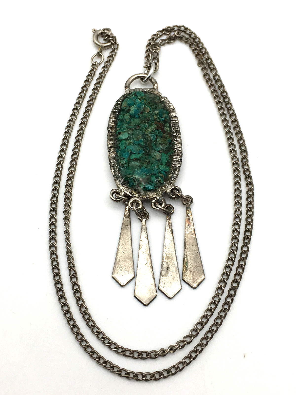 Handmade Nickle Silver Oval Pendant Turquoise Chips Dangling 18″ Chain Necklace