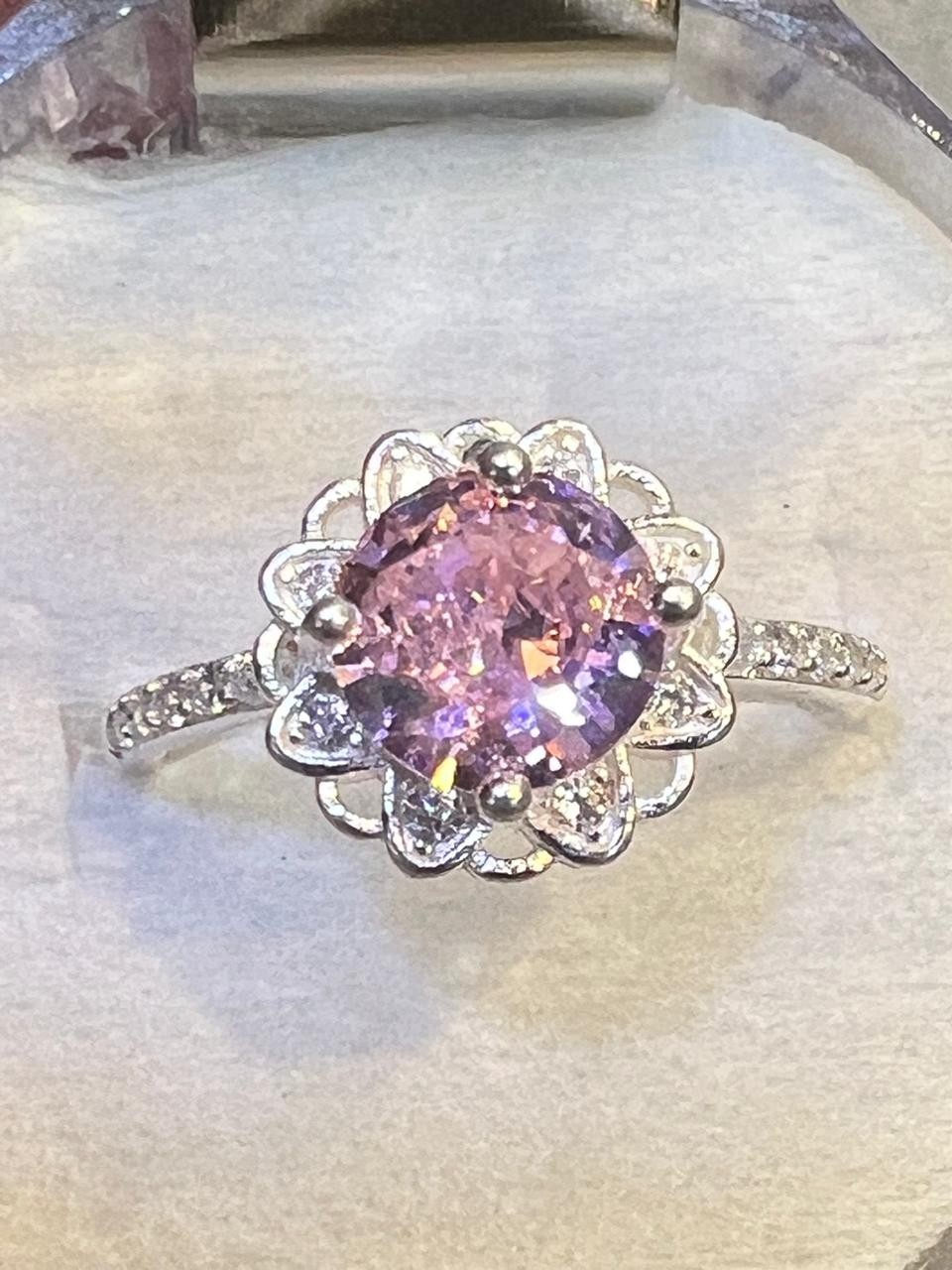 925 Silver Halo Ring, Pink Zircon Flower Engagement Ring, Handmade Promise Gift