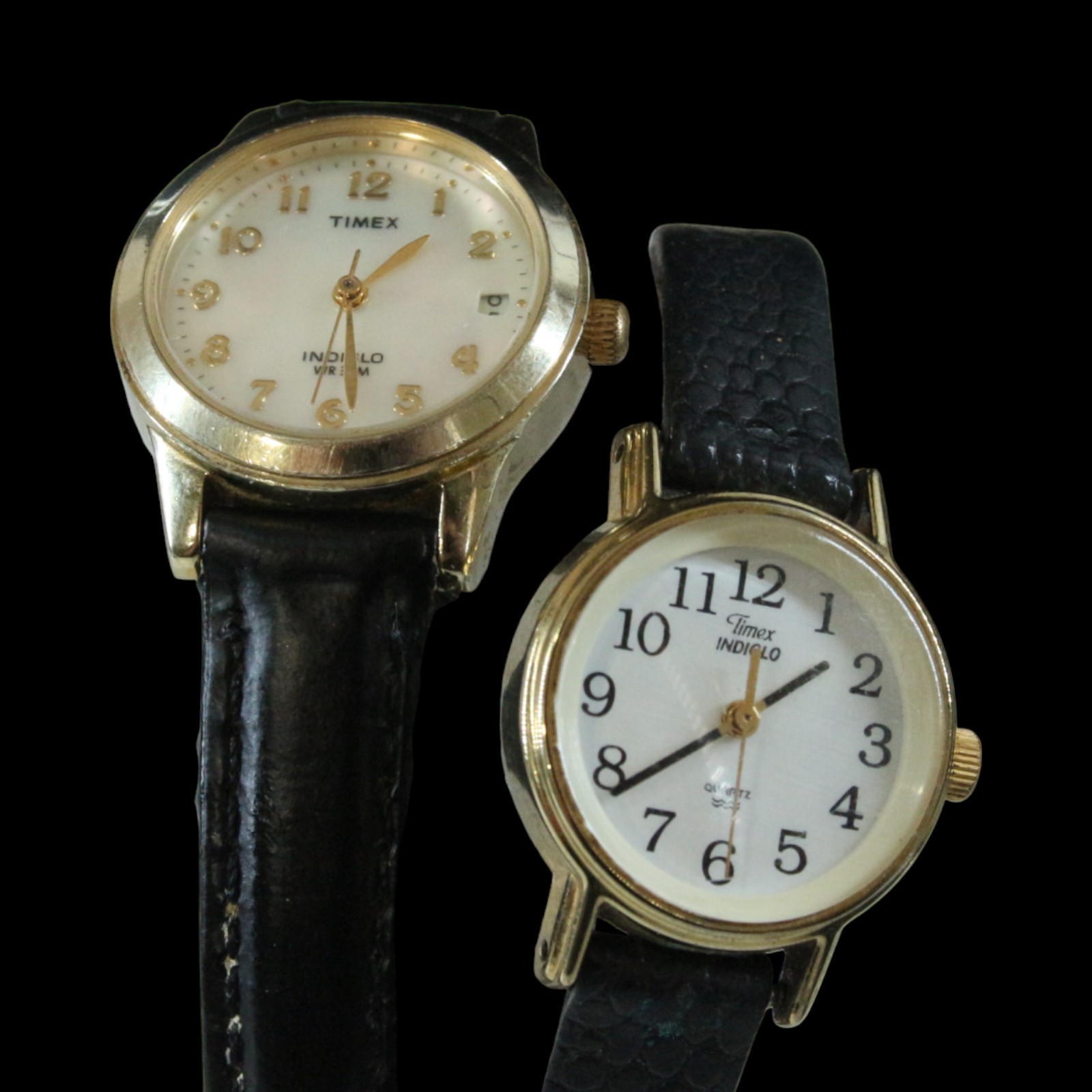 Timex Watch Lot Indiglo Easy Reader Gold & Black Leather Vintage MOP Pearl Work