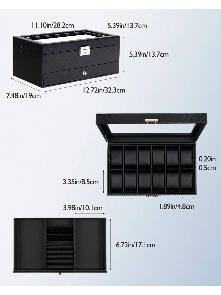 Watch Box 12 Slot Watch Display Organizer Leather Jewelry Case Drawer Glass